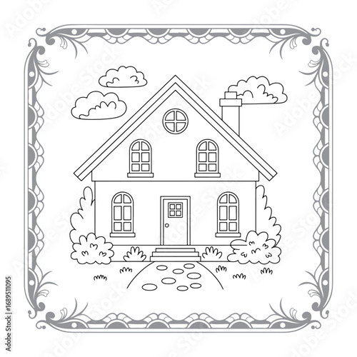 Charming House Coloring Page Framed with Playful Clouds and Decorative Border for Creative Fun and Relaxation Activities