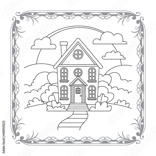 Charming House Coloring Page Framed with Playful Clouds and Decorative Border for Creative Fun and Relaxation Activities