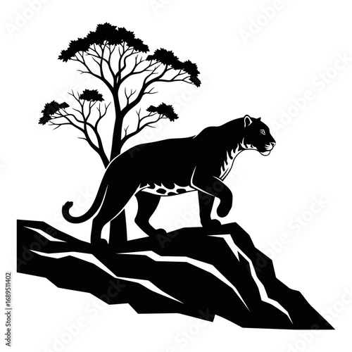 Black panther on rocks with tree silhouette isolated on white background