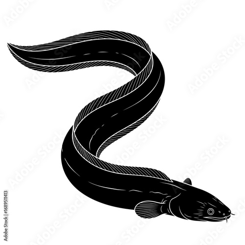 Black silhouette of a long eel swimming isolated on white background