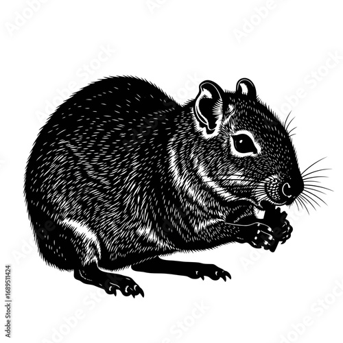 Agouti rodent eating food silhouette isolated on white background