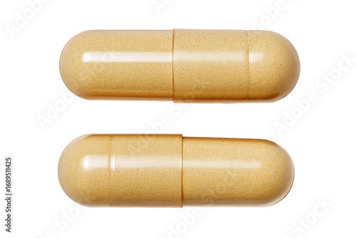 Two light beige capsules, top view