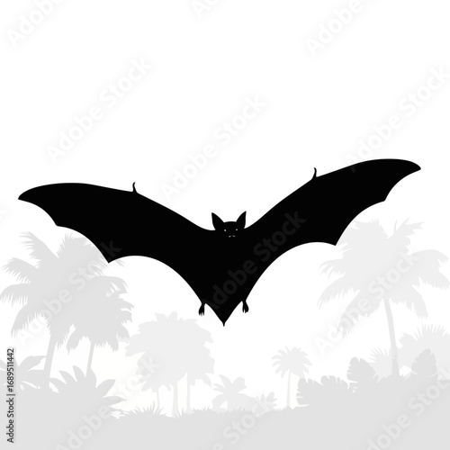 Black bat silhouette flying over tropical jungle landscape isolated on white background