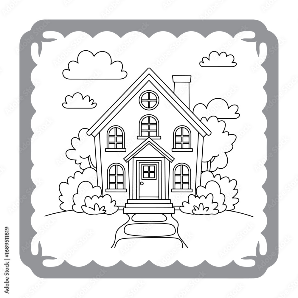Fototapeta premium Charming House Coloring Page with Lush Garden and Whimsical Clouds Awaiting Creative Color Application for Relaxation