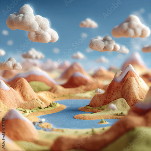 Whimsical Landscape with Desert Hills Azure Water and Fluffy Clouds Floating in a Sunny Sky