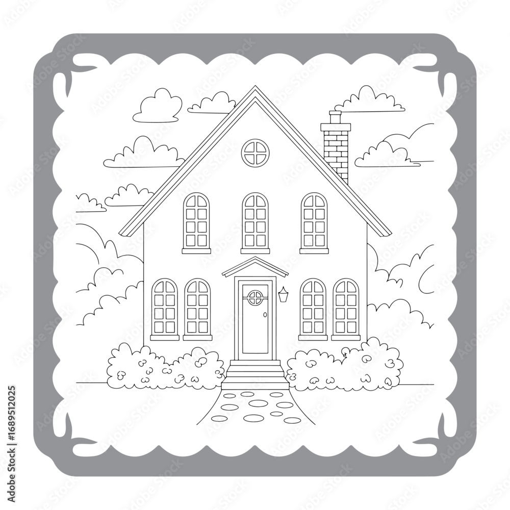 Fototapeta premium Charming House Coloring Page with Lush Garden and Whimsical Clouds Awaiting Creative Color Application for Relaxation