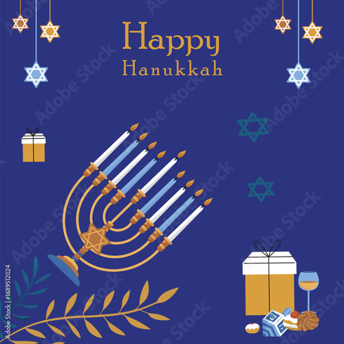 Flat vector illustration greeting card design with happy Hanukkah