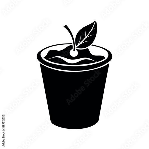 Stylized black and white illustration of a sapling planted in a cup