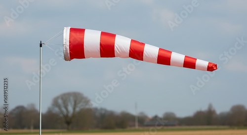Red and white striped windsock blowing in the wind indicating wind direction and speed against a
