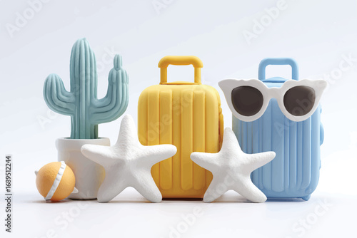Whimsical summer travel arrangement with suitcases cactus starfish and beach ball for vacation vibes and creative themes