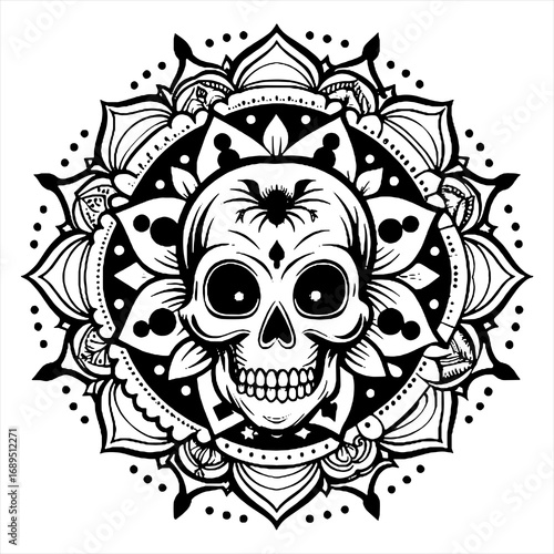 Sacred Skull Mandala with Spider and Moon Phases