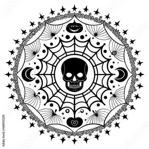 Mystical Spiderweb Mandala with Skull and Celestial Symbols
