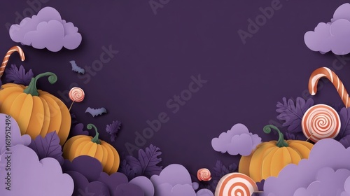 Halloween themed image with pumpkins, candy canes, lollipops, clouds, and bats on purple