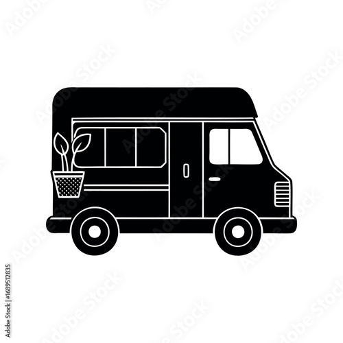Simple black silhouette of a van with plants and windows design