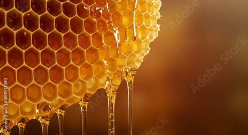 Close-up of honeycomb dripping with golden honey, macro detail