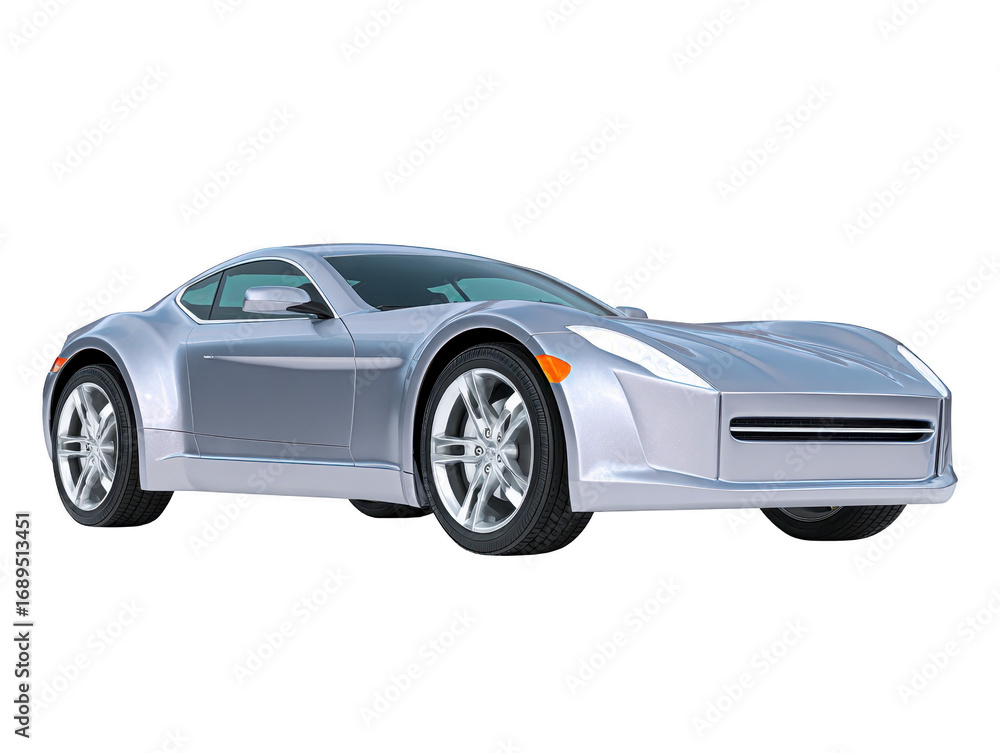Obraz premium Silver sports car modern coupe aerodynamic design low profile luxury vehicle shiny metallic finish fast automobile sleek body powerful engine stylish exterior