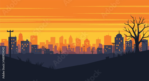 Spooky Halloween City Skyline Vector at Sunset. Urban Landscape with Bare Tree Silhouette at Dusk Background.
