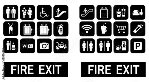 Vector illustrator of collection of public information icons and fire exit signs