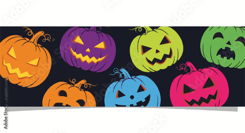 Vibrant Halloween Jack-o'-lanterns Vector Illustration: Colorful Spooky Pumpkin Faces for Holiday Assets and Celebrations on Dark Background