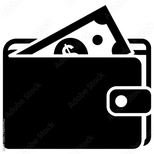 Vector illustrator of a black silhouette of an open wallet with a banknote partially inserted, symbolizing money and finance