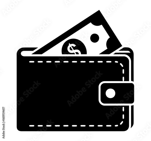 Vector illustrator of black silhouette of a wallet with a banknote and coin