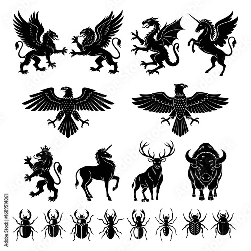 Vector illustrator of collection of heraldic animal and mythical creature silhouettes