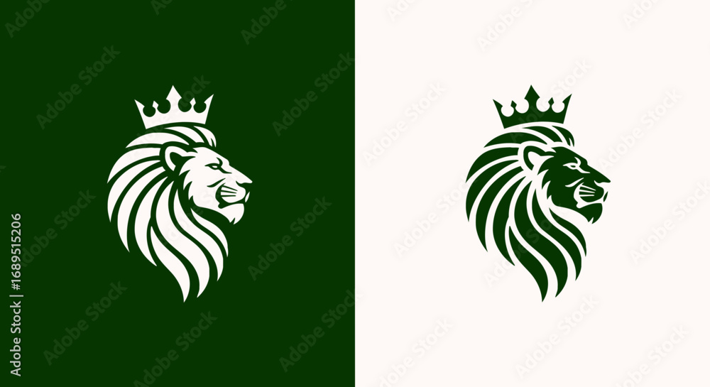 Fototapeta premium Vector illustrator of a regal lions head profile wearing a crown, depicted in dark green silhouette against a split background of dark green and white