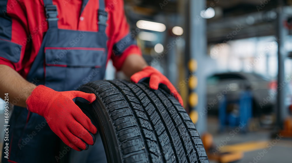 Fototapeta premium Technician wearing red protective gloves examining vehicle tire close-up, tread pattern sharp and pronounced, auto repair shop environment visible
