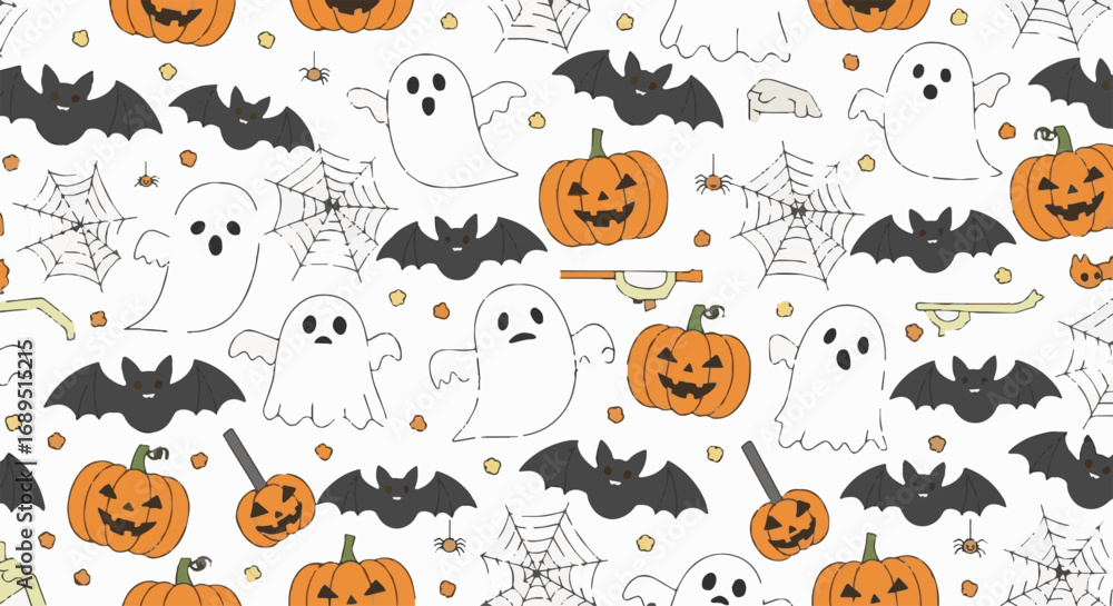 Fototapeta premium Cute Halloween seamless pattern with hand-drawn ghosts, pumpkins, bats, and spiderwebs. Spooky festive background for autumn events.
