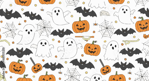 Cute Halloween seamless pattern with hand-drawn ghosts, pumpkins, bats, and spiderwebs. Spooky festive background for autumn events.