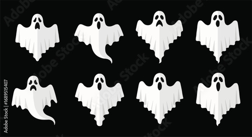 Collection of spooky white ghost vector illustrations for Halloween designs. Scary spirits for creepy holiday assets and decorations.