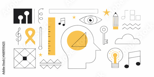 Abstract illustration of diverse symbols representing creativity learning and problem solving in a stylized human head concept