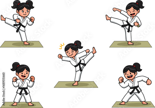 Karate martial artist cartoon set, high kick, stance, victory pose, gi, black belt, sport, training, discipline, fitness, self‑defense