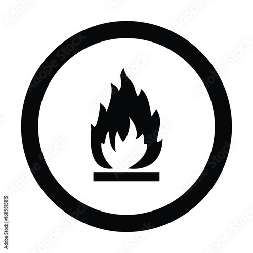 Flammable Substance Circular Hazard Symbol – Black Flame Safety Icon for Chemical Risk, Packaging & Workplace Zones  High-Contrast Vector for Global Use