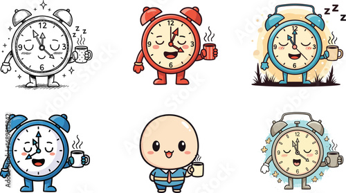 Cartoon alarm clock characters, cute wake up illustration, happy time vector, funny coffee design, bedtime drawing, sleep, morning routine, lifestyle, cartoon