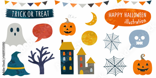 Whimsical halloween illustration set featuring ghosts pumpkins spooky houses and trick or treat elements