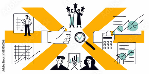 Business success and data analysis concept with charts graphs and positive feedback symbols