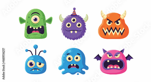Cute and Spooky Cartoon Monsters Set for Halloween. Funny Colorful Alien Characters with Various Expressions, Vector Illustration