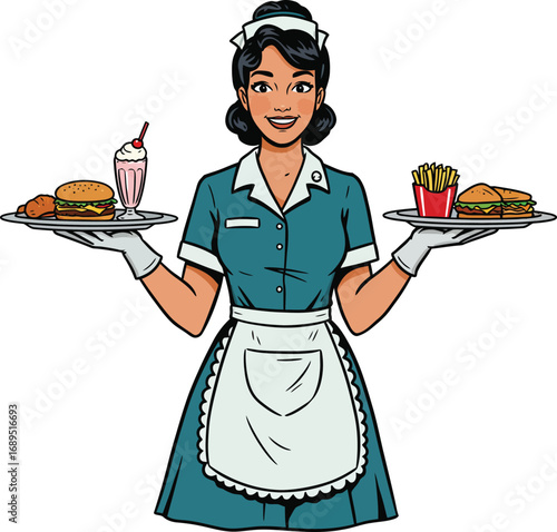 Illustration of a 1950s style restaurant waitress with green dress holding plates with food, isolated on white background