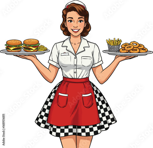 Illustration of a 1950s style restaurant waitress holding plates with food, isolated on white background