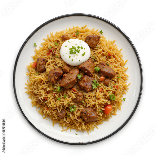 Fragrant mutton biryani paired with cool raita, richly spiced and served hot, isolated