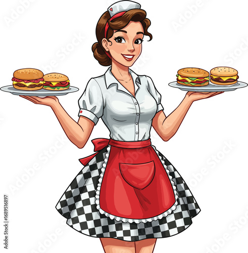 Illustration of a 1950s style restaurant waitress holding plates with food, isolated on white background