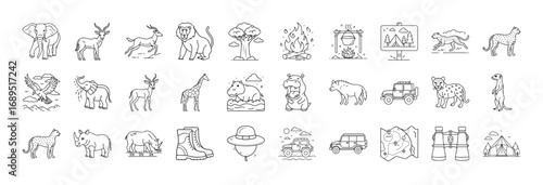 Safari and wildlife line icon set - Collection of thin line icons themed around safari and wildlife exploration. Includes animals like elephant, giraffe, lion, zebra, and monkey, along with safari gea