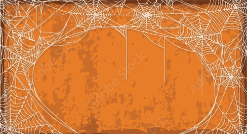 Halloween grunge orange background with spooky white spiderweb border. Empty copy space, vintage creepy frame for October party assets.
