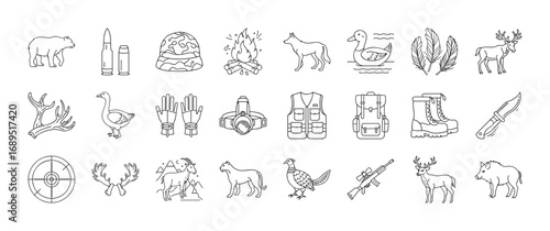 Hunting and wildlife outdoor activity line icon set - Collection of thin line icons representing hunting gear, wildlife animals, rifles, camping, boots, antlers, targets, birds, knives, and camouflage