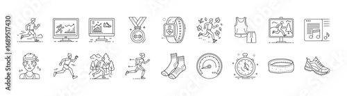 Running and fitness training line icon set - Collection of thin line icons showing running, jogging, training gear, medals, fitness apps, stopwatch, shoes, hydration, and competition.  
