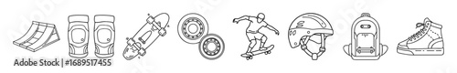 Skateboarding and extreme sports line icon set - Set of thin line icons featuring skateboards, wheels, protective gear, sneakers, ramps, helmets, and skateboarders performing tricks.
