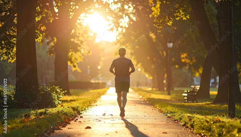 Fototapeta premium Young Adult Jogging on Park Pathway at Sunrise – Healthy Lifestyle Back View, Cinematic Stock Photo