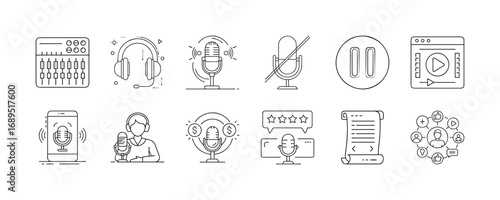 Podcast and audio recording line icon set - Collection of thin line icons representing podcasting, audio recording, streaming, headphones, microphones, voice messages, editing tools, and broadcasting.