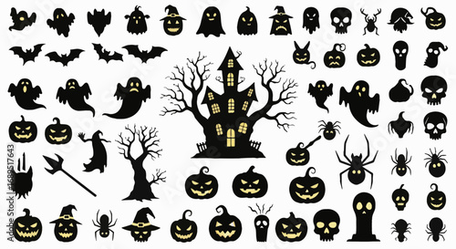 Comprehensive Halloween Assets Vector Set: Spooky Haunted House, Jack-o'-Lanterns, Ghosts, Bats, Skulls, Spiders, Witches